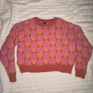 Debut Floral Cropped Sweater M/L Pink Boho Knit Retro Cottagecore Hippie Fairy